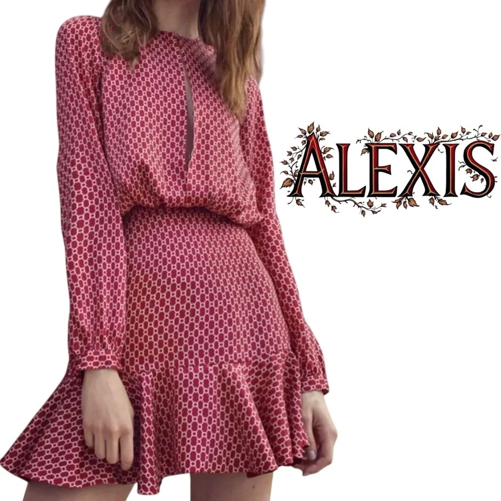 Alexis red and white silk sateen long sleeve mini dress size XS - Picture 3 of 10